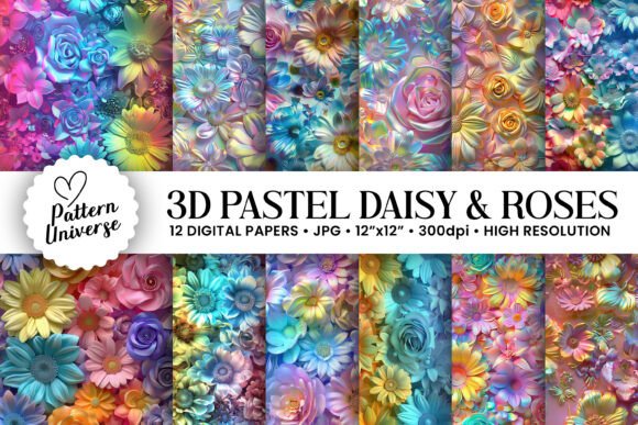 3D Pastel Daisy Roses Digital Papers