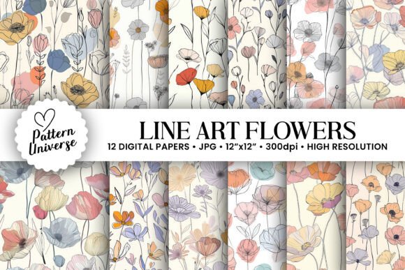 Abstract Line Art Flowers Digital Papers