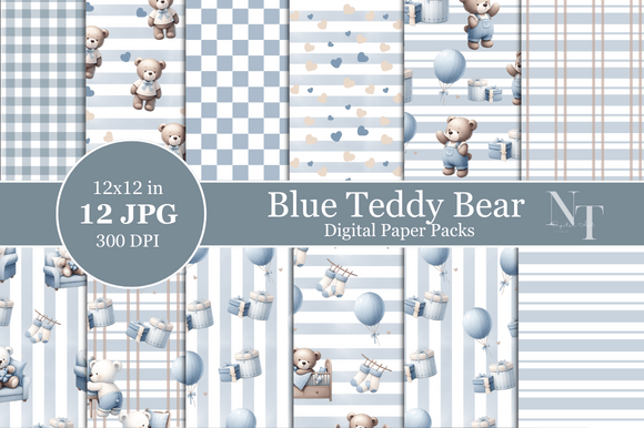 Blue Teddy Bear Baby Boy Digital Paper: Bringing Whimsy to Your Creative Projects