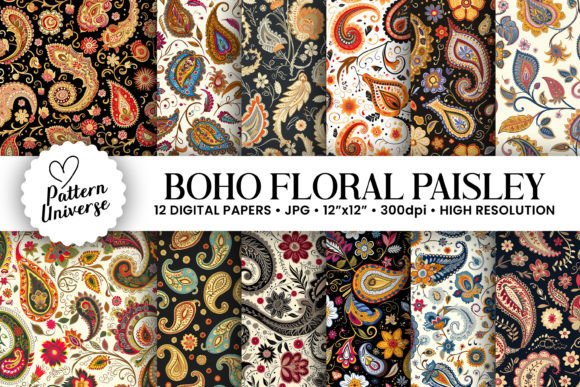 Boho Floral Paisley Digital Papers