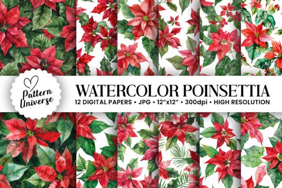 Watercolor Red Poinsettia Flower Pattern